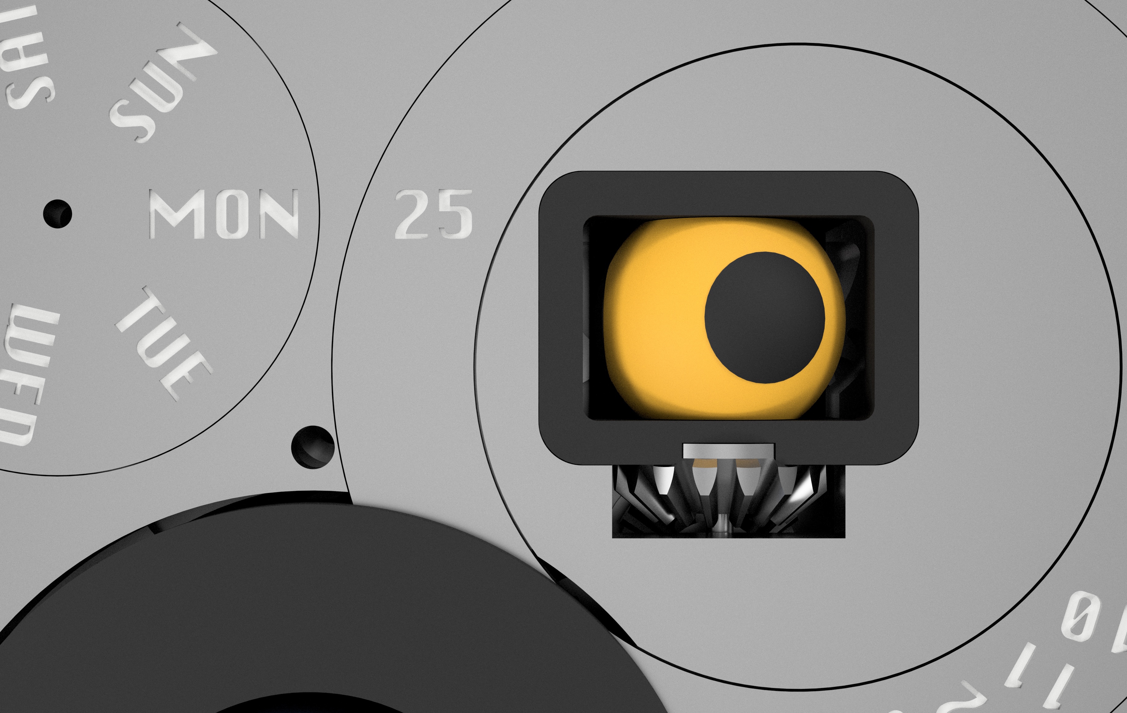 Date aperture window with illuminated Earth model viewing port