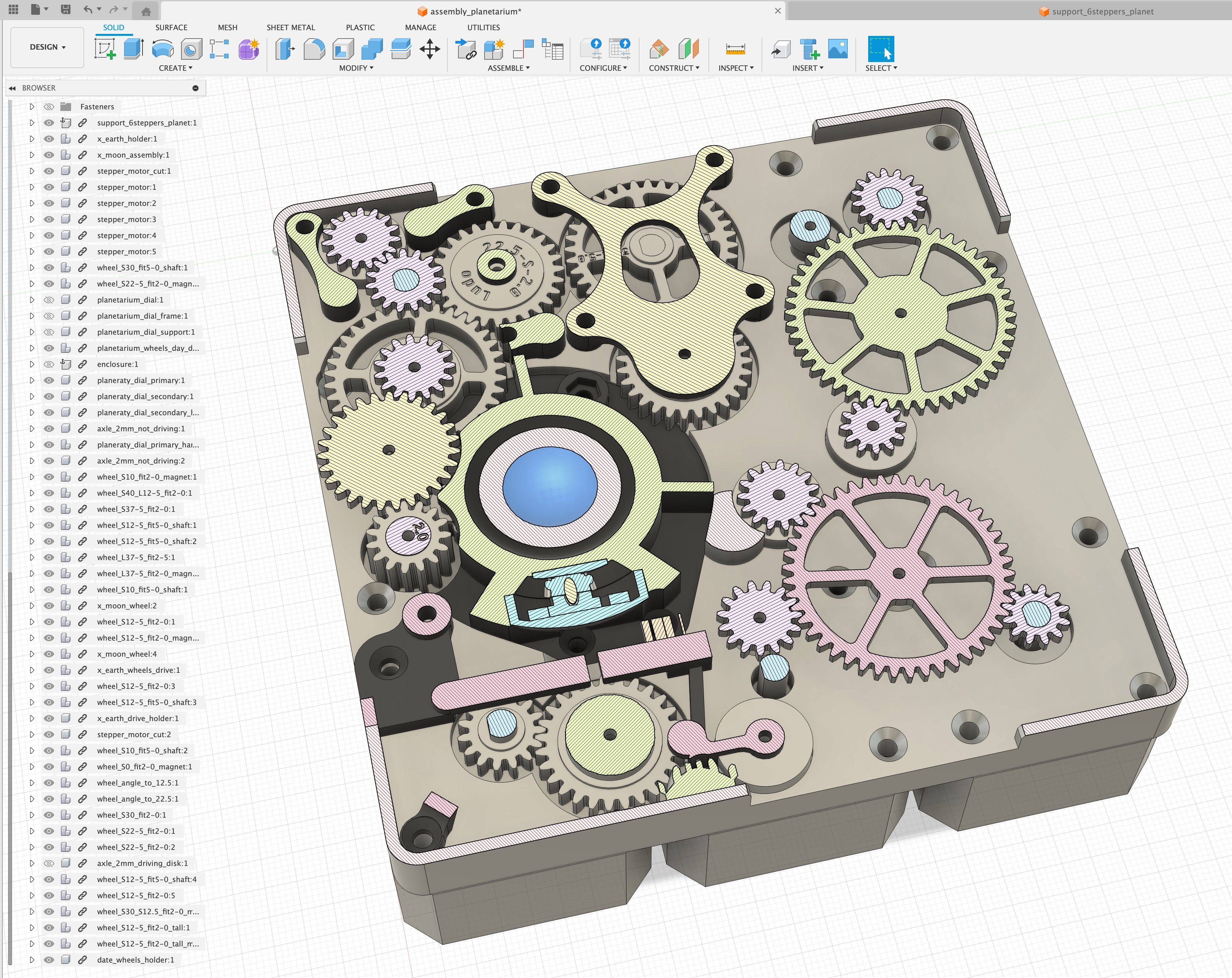 CAD cross-section showing complex gear train and Earth rotation mechanism
