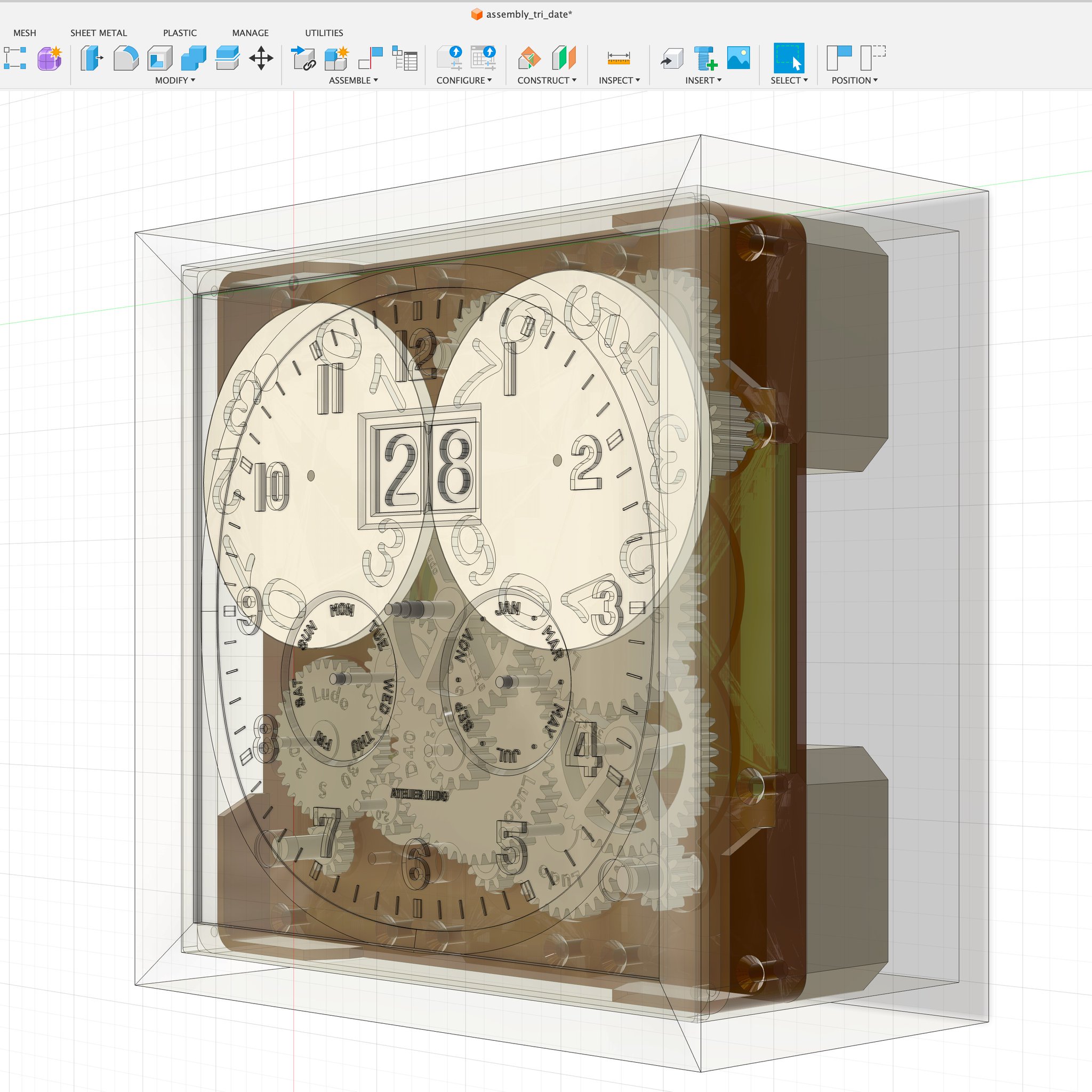 CAD assembly view showing complete Tri-Date mechanism