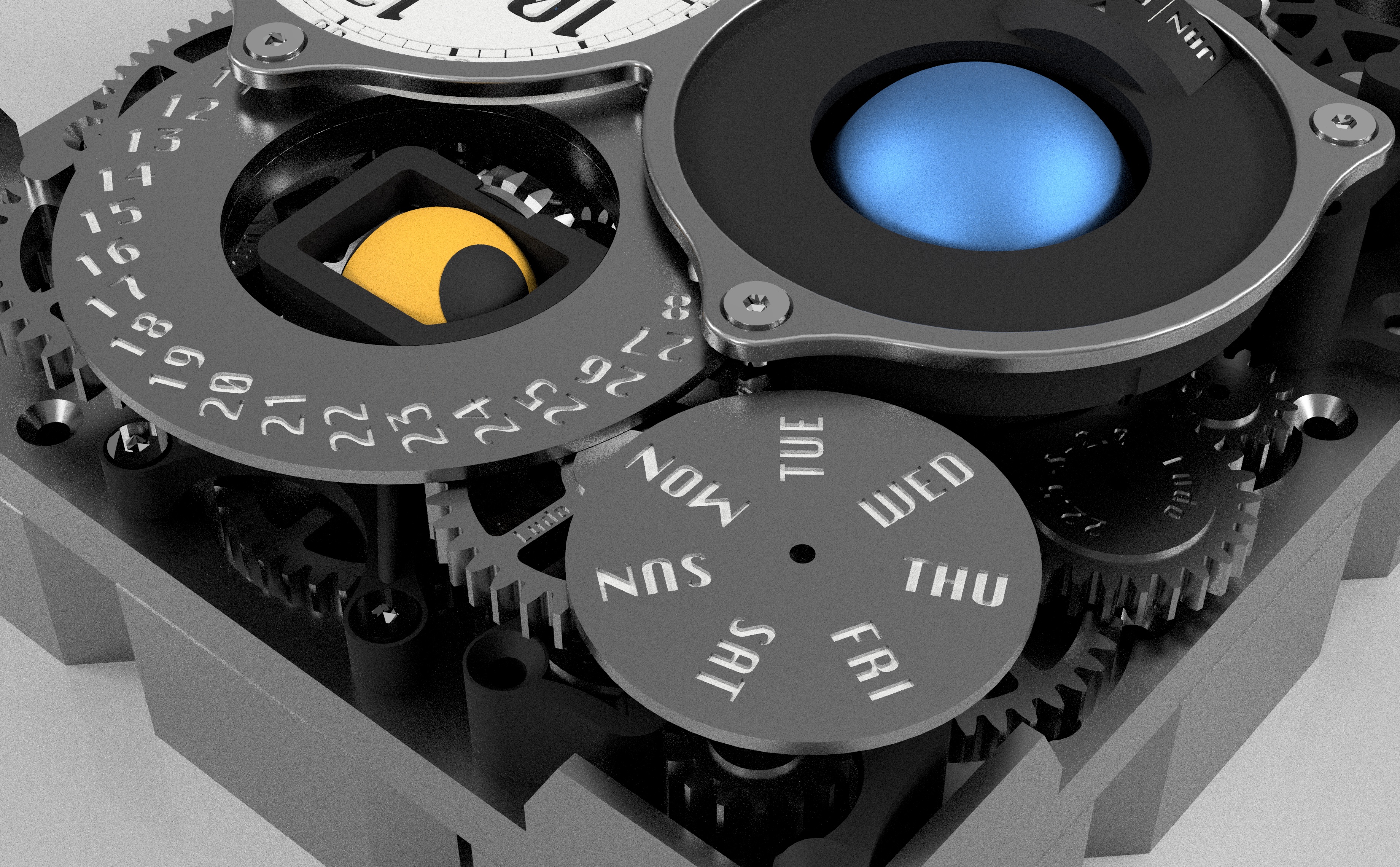 Internal gear mechanisms with Earth model, moon phase disc, and weekday complication
