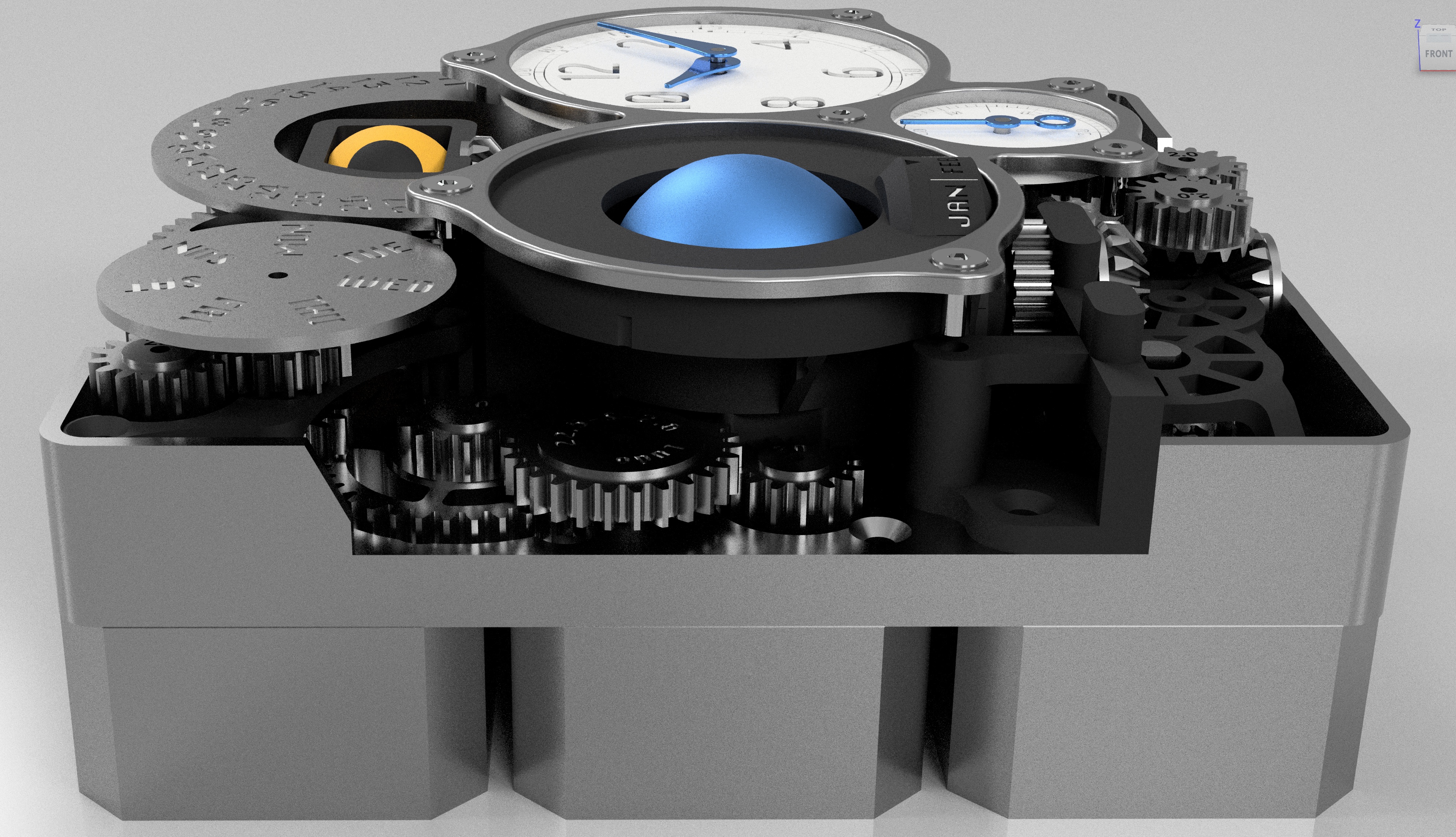 Complete movement assembly showing complex gear train powering astronomical complications