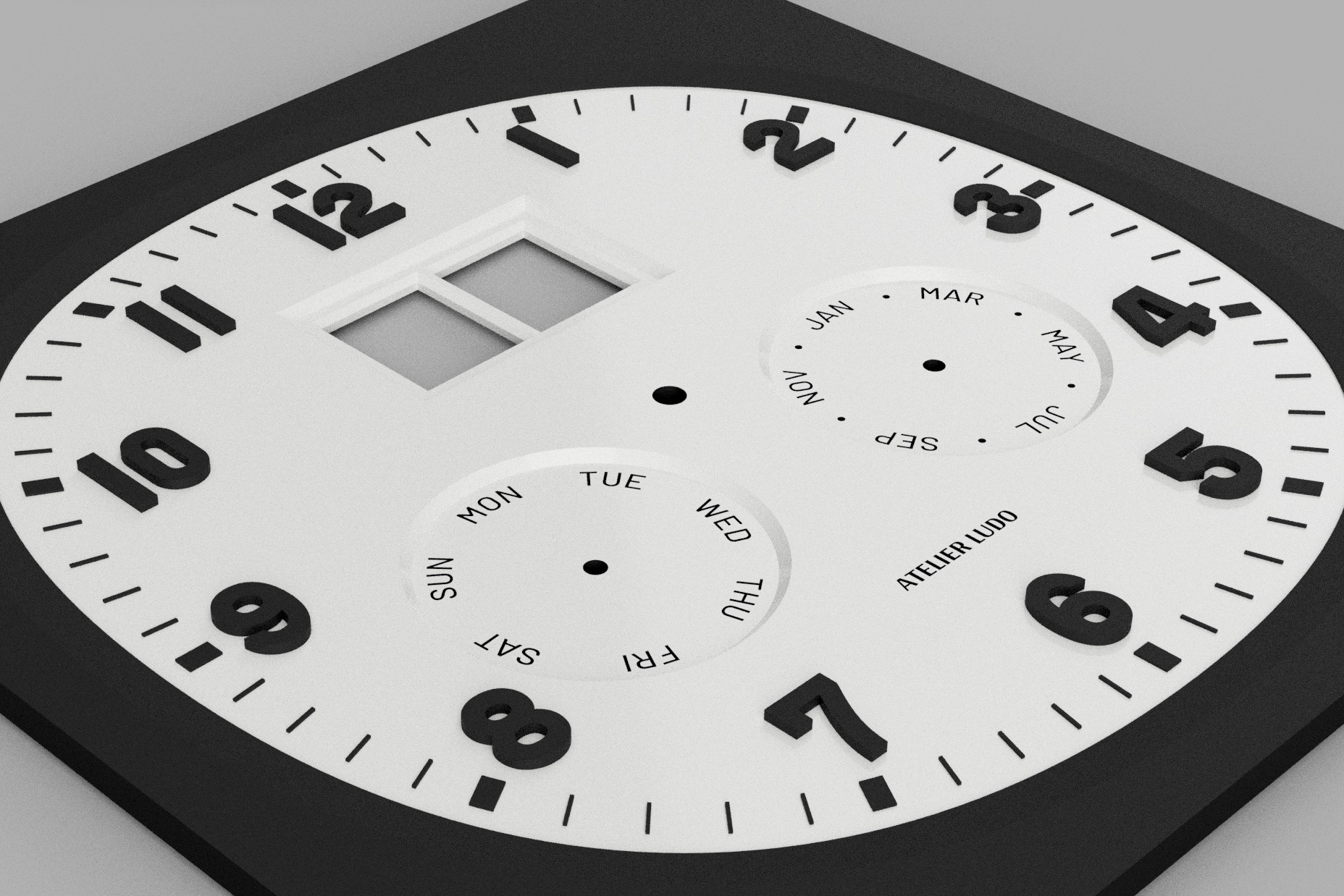 Clean squircle dial design with triangular complication arrangement and applied numerals